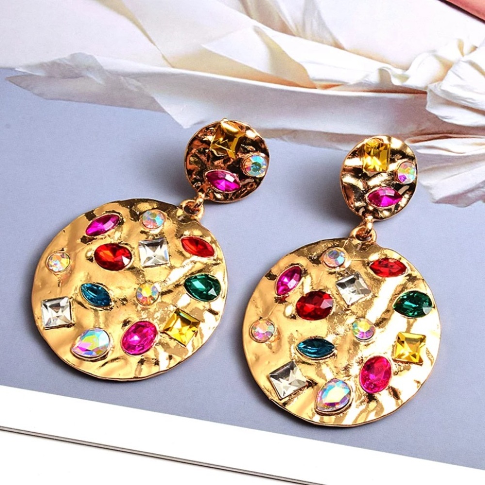 Just In🎉Gold Round Metal Rhinestone Drop Earrings - Picture 3 of 5